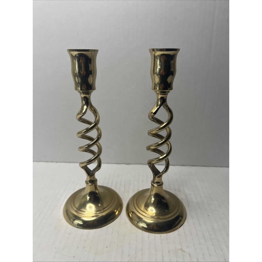 Vintage Brass Candle Holders Open Barley Twist Swirl 7.5" Made in India
